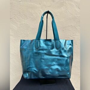🧜‍♀️Coach Metallic Teal Derby Leather Tote F59388.🧜‍♀️